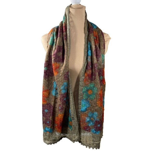 New Knit Scarf Poms Floral Burgundy Blue Tan Rectangle 19" X 68" - Picture 2 of 7